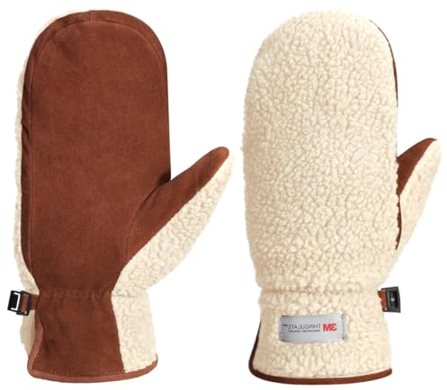 Harssidanzar Damen Winter Lederhandschuhe Outdoor Warm Fleece Thinsulate gefüttert Skifahren Fäustlinge SL020EU,Beige/Hellbraun,Größe XL