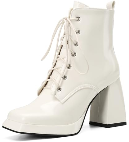 Gicoiz Damen Square Toe Mode Lack Military Stiefeletten Schnüren Party Chunky Höhe Ferse Stiefel Plateau Combat Biker Stiefeletten Zip Beige Gr 42 EU-44Cn