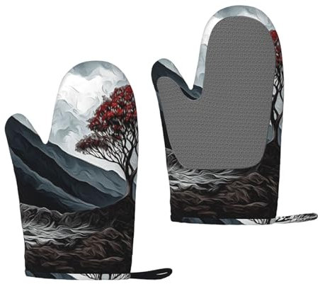Silikon-Ofenhandschuhe, 2 Stück, Baum und Vulkan, Küchenhandschuhe, hitzebeständige Ofenhandschuhe, rutschfeste Grillhandschuhe für Grillen, Kochen, Backen, Küchenhandschuhe