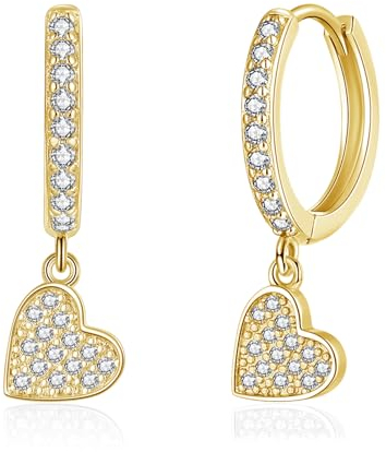 Kamise Damen Creolen Ohrringe Hngend, 925 Sterling Silber mit Zirkonia, Hypoallergen Creolen mit Herz Anhnger, Gold Kreolen fr Frauen Mdchen Mutter