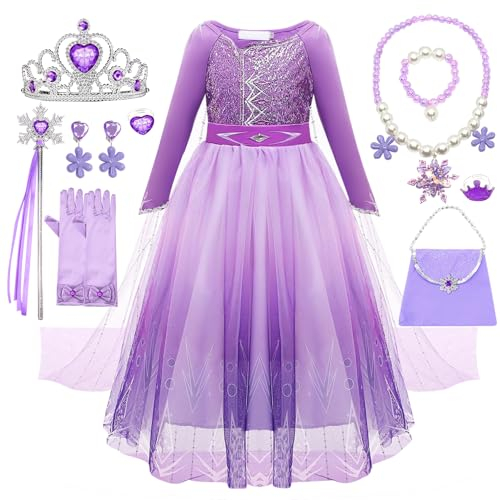 YYDSXK Robe Princesse Fille, Robe Reine des Neiges Elsa Anna avec Couronne Princesse Ensemble, Deguisement Princesse Elsa Anna pour Cadeau Fille, Robe de Princesse Elsa pour Cosplay