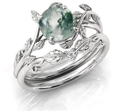 Von der Natur inspirierter Blatt-Moos-Achat-Ring, Moos-Achat-Ehering-Set for Frauen, 925 Sterling Silber grüner Schmuck, Geschenk, Versprechensring for Sie (Color : White gold, Size : 60(19.1))