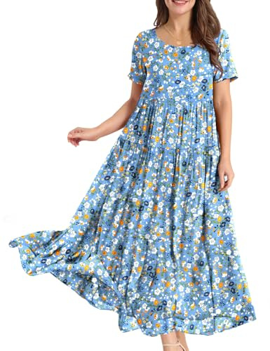 YESNO Women Dress Summer Casual Plus Size Maxi Dresses Bohemian Floral Short Sleeve Long Dress/Pockets M EJFUK CR415
