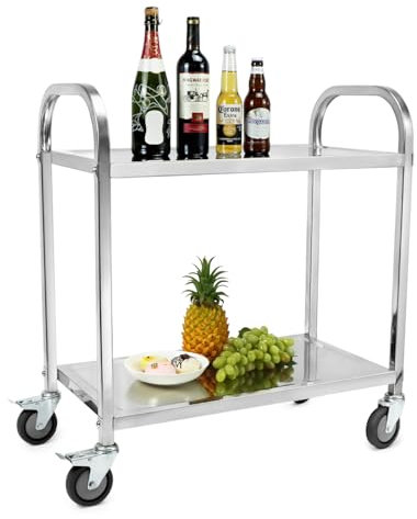 QWORK® 2-Etagen Edelstahl Servierwagen Teewagen Reinigungswagen - 75 x 40 x 83,5 cm - Leise Räder mit Bremsen