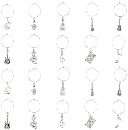 Stiesy 60Pcs 10 Styles Antique Silver Music Charms Tibetan Musical Instruments Note Pendant Charm with Wine Glass Charm Rings Set for Jewellry Making Party Decoration Accessory
