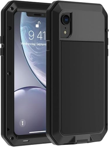 Pritify Heavy Duty Metal Case for iPhone XR Shockproof Tough Rugged Case with Built-in Glass Screen Protector, 360 Full Body Dustproof Protective Cover Compatible Wireless Charging | Black