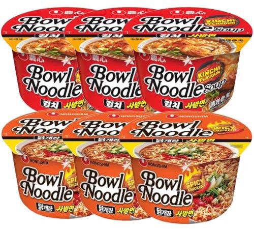 Starry Mart NS Korean Instant Bowl Noodles Soup (Pack of 6) - Kimchi x 3 & Spicy Chicken x 3