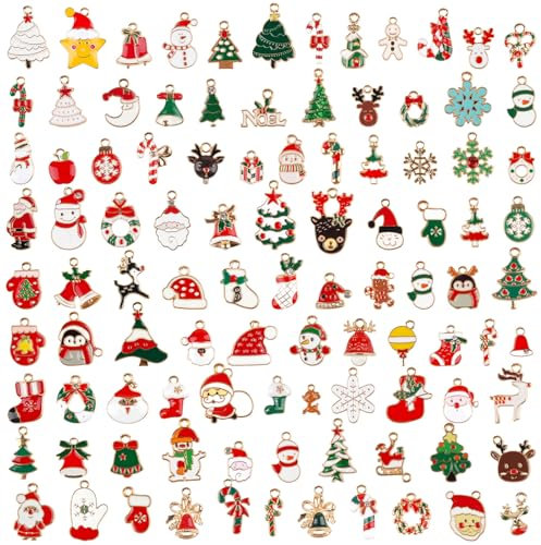 Tikplus 100 Stück Weihnachten Charms, Emaille Weihnachtsanhänger, Klein Schmuck Charms Schmuckherstellung, Gold Weihnachts Baum Anhänger Deko für Halskette Ohrring Armband DIY
