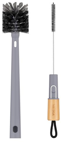 MR.SIGA Bottle Brush, 2 in 1 Straw Cleaner Brush with Bamboo Handle, Flexible Bottle Cleaner for Glasswares, Mugs, Straw, Glass Cup, Grey, brush head diameter 6centimetres(2.4 inches)