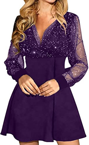 generisch Robe de couleur trapèze pour femme - Solide - Longue - Paillettes - Robe de fête - Manches longues - Dentelle, lilas, XL