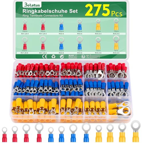 Bolatus - Set di 275 capicorda ad anello, 0,5 – 6 mm², set di capicorda M4/M5/M6/M8, 12 dimensioni parzialmente isolate, per garage, ricambi auto