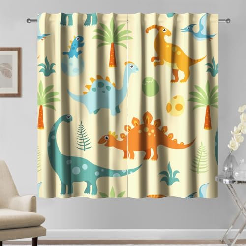 Kzzfqxb 117x138cm Kindervorhänge 2 Paneele, Baby Dinosaurier Stegosaurus Tyrannosaurus-Bäume süßes Cartoon Gemälde, für Kinder, Jungen, Mädchen, Babyschlafzimmer, Kinderzimmer