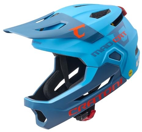 Cratoni Kinderhelm Madcat MIPS, robuster Fullfacehelm für Kinder, Fahrradhelm MTB-Helm Allroundhelm, Kinnbügel abnehmbar, größenverstellbar, inkl. Rücklicht, Unisex, Größe S/M (49-56 cm)