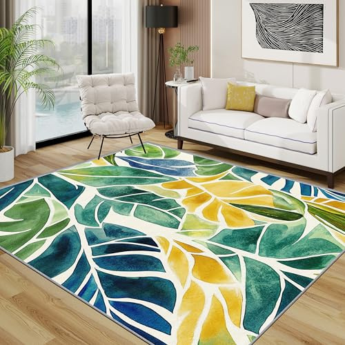 Generisch Tropische Blätter Teppich Waschbar, Bunt Grün Blätter Teppich 80x150 cm, Dschungel Pflanzen Botanisch rutschfest Waschbar Pflegeleicht Teppiche Für Schlafzimmer Küche, Grün Gelb Blau