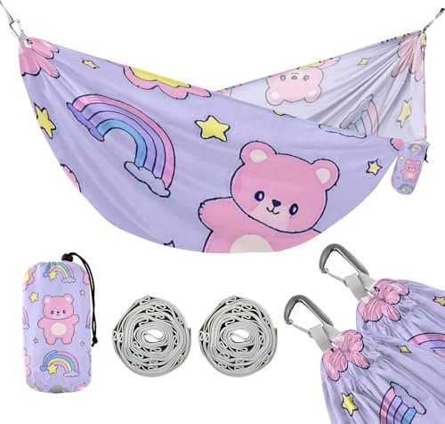 Cute Cartoon Bear Star Purple Peach 330lb Capacity Hammocks with Tree Straps Fabric Hammock for Outside Patio Garden accesorios para Camping