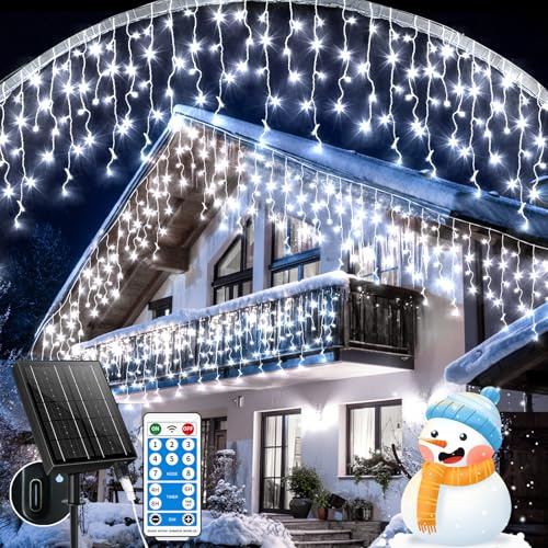 RJEDL Solar 25+5M 800 LED Erneuerbar Eisregen Lichterkette, 3 In 1 Weihnachtslichterkette mit 8 Modi, Timer, Memory-Funktion Weihnachtsbeleuchtung Lichtervorhang，[weiß]
