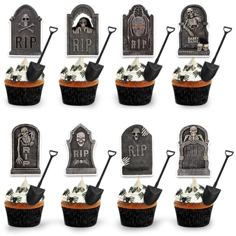48 Stück Halloween Cupcake Topper, Halloween Grabstein Tortendeko mit 24 Stück Mini-Schaufeln, Hallowee-n Tortenaufsätze, Hallowee-n Kuchendeko, Muffin Deko für Hallo-ween Horror Party Supplies