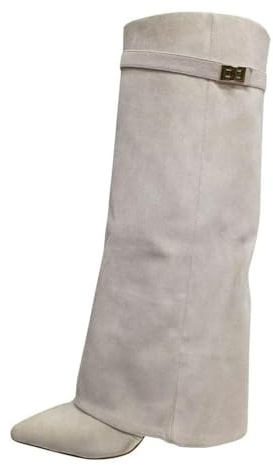 ticticlily Stivali Donna Invernali Cowboy Stivaletti Alti Tacchi Biker Fold Over Boots con Tacco A Beige 39 EU
