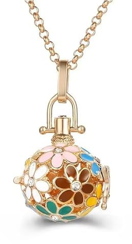 Bola de Grossesse en Acier Inoxydable Doré avec Boule en Pierre Naturelle Quartz Fraise + Grelot Offert | Bijou de maternité musical et personnalisable | Chaîne 105 cm | (Fleurs colorées)