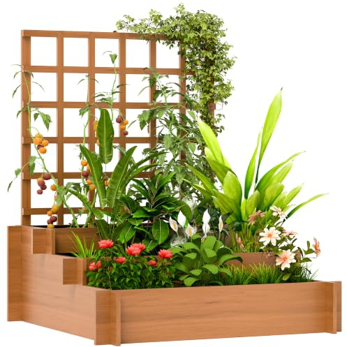 Outsunny Jardinera con Enrejado de 3 Niveles 95x95x110 cm Marrón | Jardinera Exterior Grande de Madera para Plantas Trepadoras, con Tela no Tejida, Macetero Elevado, Jardín, Patio
