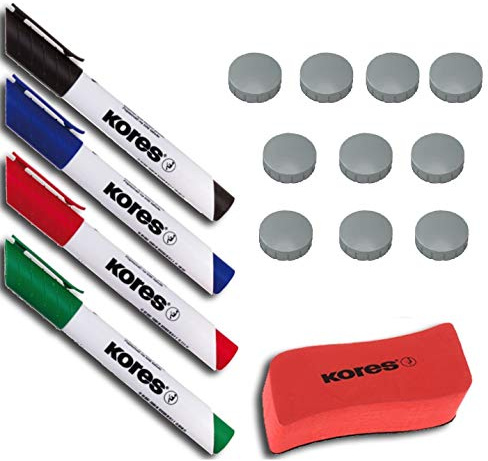 Kores WhiteboardMarker Starter Set, 4 Marker Rundspitze + Tafellöscher M20864 + 10 Rundmagnete