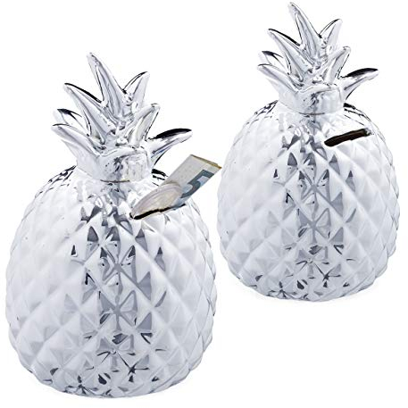 2 x Spardose Ananas, Dekofigur, Sparschwein mit Schloss, 2 Schlüssel, Keramik Sparbüchse, H x D 16 x 9 cm, Silber