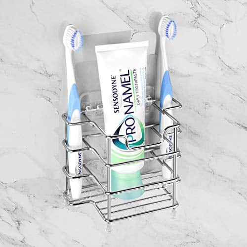 Linkidea - Soporte de pared para cepillos de dientes acero inoxidable para baño, para cepillos dientes eléctricos, pasta dientes, afeitadora, organizador pared/escritorio autoadhesivo con 3 ranuras