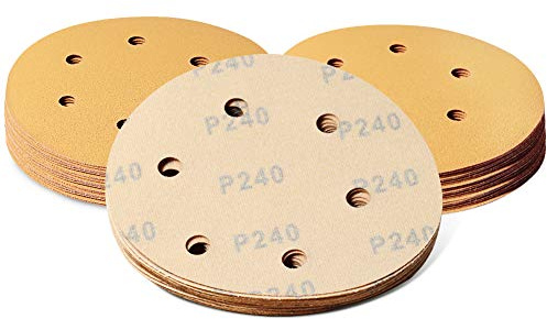 SPEEDWOX 50 Pcs Sanding Discs 6 Inches 240 Grit 6 Hole Hook and Loop Sandpaper Dustless Fit for Random Orbital Sander Assortment Yellow Finishing Discs for Automotive Woodworking