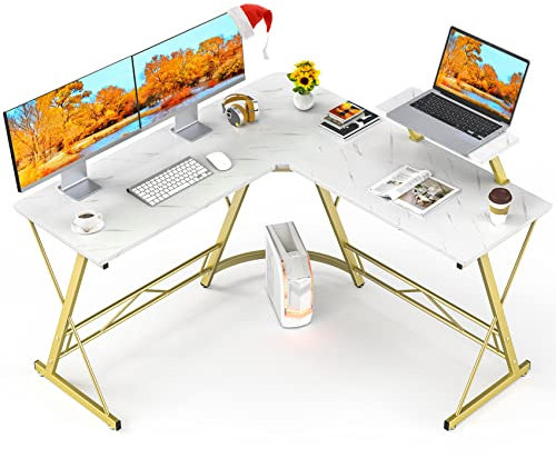 Mr IRONSTONE L-Shaped Desk 50.8 Computer Corner Desk, Home Gaming Desk, Office Writing Workstation with Large Monitor Stand, Space-Saving, Easy to Assemble(Laminate Marble)