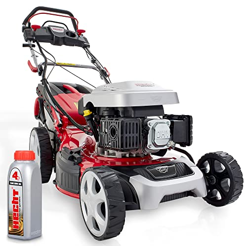 HECHT 5IN1 Benzin Rasenmäher – Leistungsstarker 4 Takt Motor mit 3,6 kW, Elektrostart, 51 cm Schnittbreite, 60l Fangkorb, 4-Gang Radantrieb, patentierte Räder, Mulchfunktion und Seitenauswurf