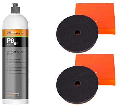 KOCH CHEMIE P6.01 One Cut & Finish Hochglanzpolitur + Versiegelung Politur 1 L & 2x KOCH CHEMIE OneCutPad Pad Polierpad Polierschwamm Polierscheibe 126/23 mm 1 Stk