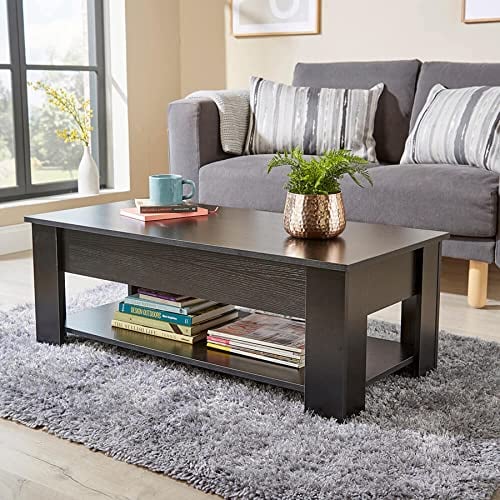 Home Source Coffee Table with Lift Up Top Storage Area and Magazine Shelf, Black