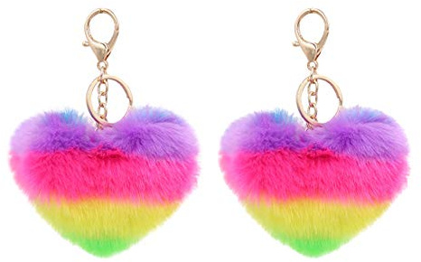 2 PCS Fluffy Heart Shaped Keychains Pom Pom Keyring Car Bag Charms Accessories for Women Girls