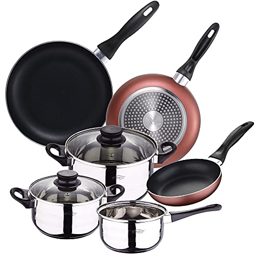 San Ignacio Set Batería de cocina de 5 piezas acero inoxidable + 3 sartenes Ø16/20/24 cm aluminio prensado, aptas para inducción, PK3360