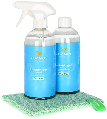 Jemako Fensterreiniger mit DuoTuch grüne Faser, Glasreiniger für Fenster, Autoscheiben, Duschkabinen und Spiegel, 2x500 ml inkl. Sprühpistole und SINLAND Wäschenetz