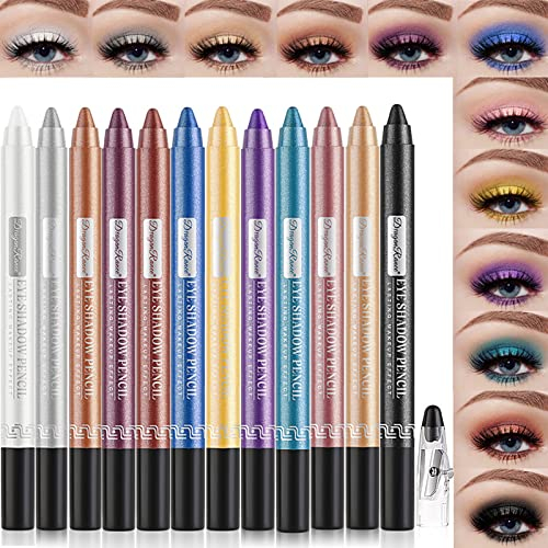 Petansy Professionelles Make-up-Augenstift-Set, 12 Stück farbige Lidschatten-Stick und Eyeliner-Bleistift, langlebig, wasserdicht, Glitzer, Perlglanz, Lidschatten, Make-up-Geschenk für Frauen