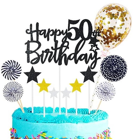 Personalised Happy 50th Birthday Cake Toppers Black for Men,Women,Him,Her,Happy Birthday Sign for Cake,12p Glitter Cupcake Topper Cake Topper Kit 50th Birthday Cake Decoration for 50th Birthday Party