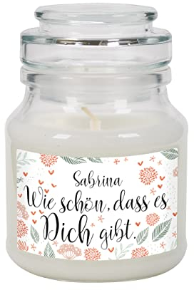 Herz & Heim® Dankeschön-Geschenk Duftkerze mit persönlichem Etikett ca. 7 cm x 10 cm (Ø/H), Schön dass es dich gibt