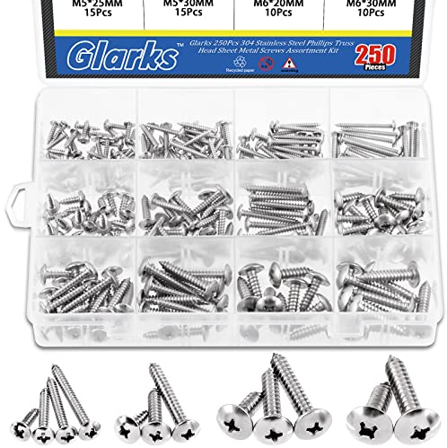 Glarks 250 Stück M3 M4 M5 M6 metrisch 304 Edelstahl Kreuzschlitz Traversenkopf Blech Tek Schrauben Sortiment Kit, 12 Größen 12–30 mm Flachkopf-Selbstschneidende Holzschrauben Set
