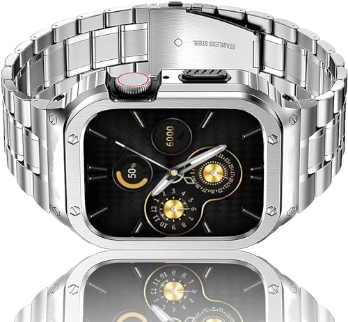 HASLFM Armband Kompatibel mit Apple Watch 44mm 42mm(Series 3/2/1), Robustes Edelstahl Metall Ersatz Armband mit Gehäuse Cover für iWatch Series 6/5/4/3/2/1/SE für Männer, Silber