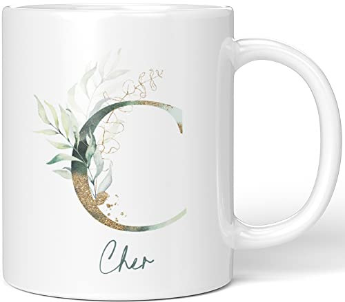 JUNIWORDS Tasse, Cher, Name Anfangsbuchstabe Initial Alphabet Floral Buchstabe C Monogramm Motiv, Weiß (5440461)