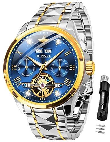 OUPINKE Automatikuhren für Herren, Skelett, mechanisch, selbstaufziehend, luxuriös, Business-Armbanduhr, Diamant-Wolframstahl, Saphirglas, Kalender, wasserdicht, leuchtend, zweifarbiges Armband und