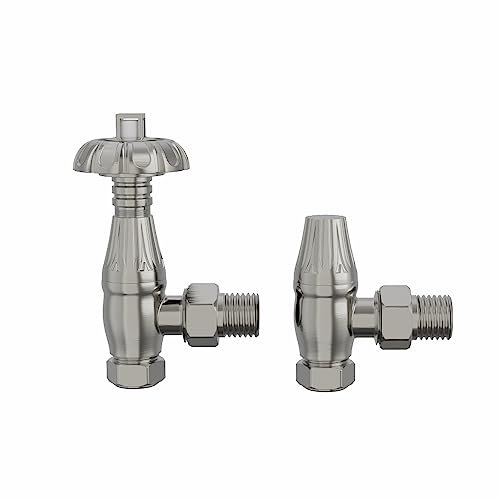 NRG Traditional Antique Angled Central Heating Radiator Valve 15mm Thermostatic Lockshield Valves Satin Nickel