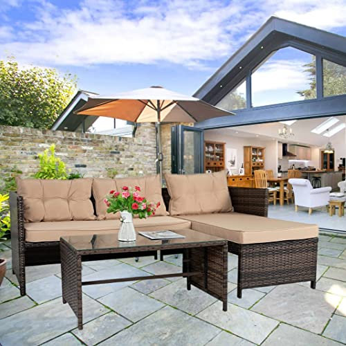 XEO HOME Rattan Garden Outdoor Sofa Set L Shape Modern Furniture Glass Coffee Table Cushions Chaise Lounge Conservatory Weaving Wicker Patio Indoor Balcony Backyard Pool Side (Brown)