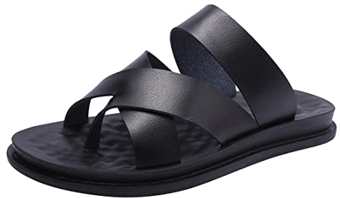 Harssidanzar Sandales en cuir Flip flops slip on Cross straps slide Sandals hommes Toe ring style KM221EU,Noir,taille 46