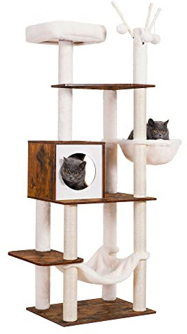 Hey-brother Katzenbaum aus Holz, 168 cm, Katzenmöbel mit Kratzstämmen, moderner Katzenturm mit Hängematten, Spielzeug, Katzenhütte, rustikales Braun MPJ120SR
