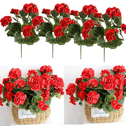 Elyjhyy Künstliche Blumen, Geranienbusch, Begonie, Seidenblumen für den Innen- und Außenbereich, künstliche Pflanze für Terrasse, Rasen, Garten, Dekoration (4 Stück, rot)