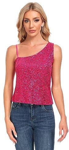 MINTLIMIT Top da donna con paillettes, senza maniche, canotta scintillante, top per club, feste, cocktail, 329_rosa, XL