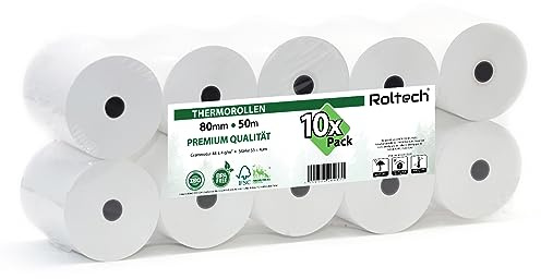ROLTECH Lot de 10 rouleaux thermiques | 80 mm x 50 m x 12 mm | Sans BPA | EC Cash | Rouleaux de caisse | Papier thermique | Qualité supérieure (10)