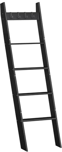 HOOBRO Blanket Ladder for Living Room and Bedroom, 5-Tier Wall Leaning Towel Rack for Bathroom, Decorative Ladder Shelf with 4 Removable Hooks, Farmhouse Blanket Storage, Black BB51CJ01G1